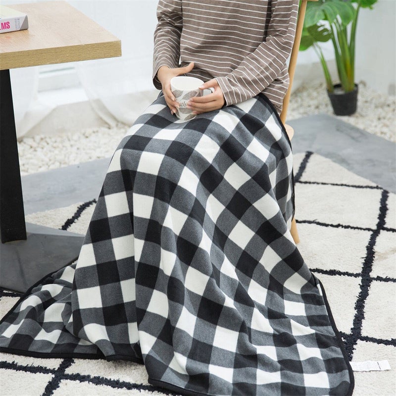 forestfish Fleece Wearable Blanket, Plaid Lap Blanket Comfy Poncho Throw with Buttons for Bed Sofa Office, Black-White - Image 4